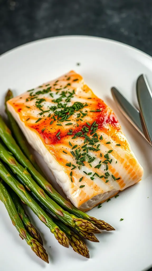 A plate featuring herb-crusted salmon with asparagus, garnished with fresh herbs.