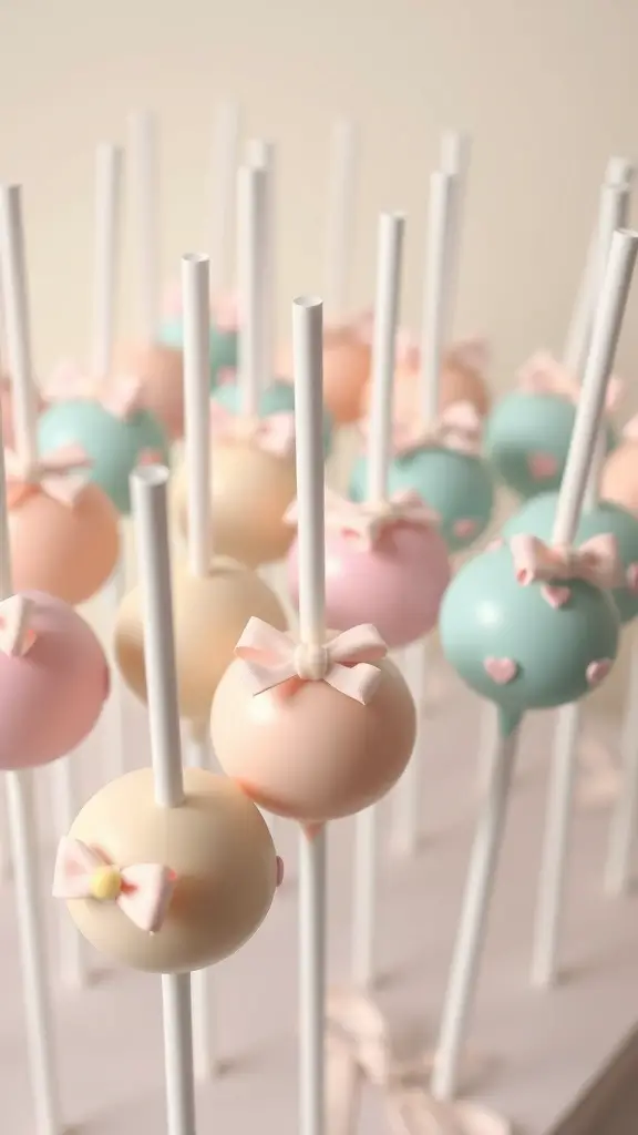 Colorful cake pops with bows and hearts on sticks