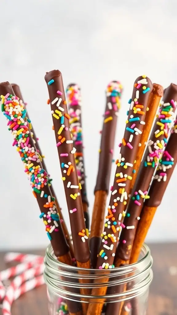 Chocolate dipped pretzel rods with colorful sprinkles in a jar