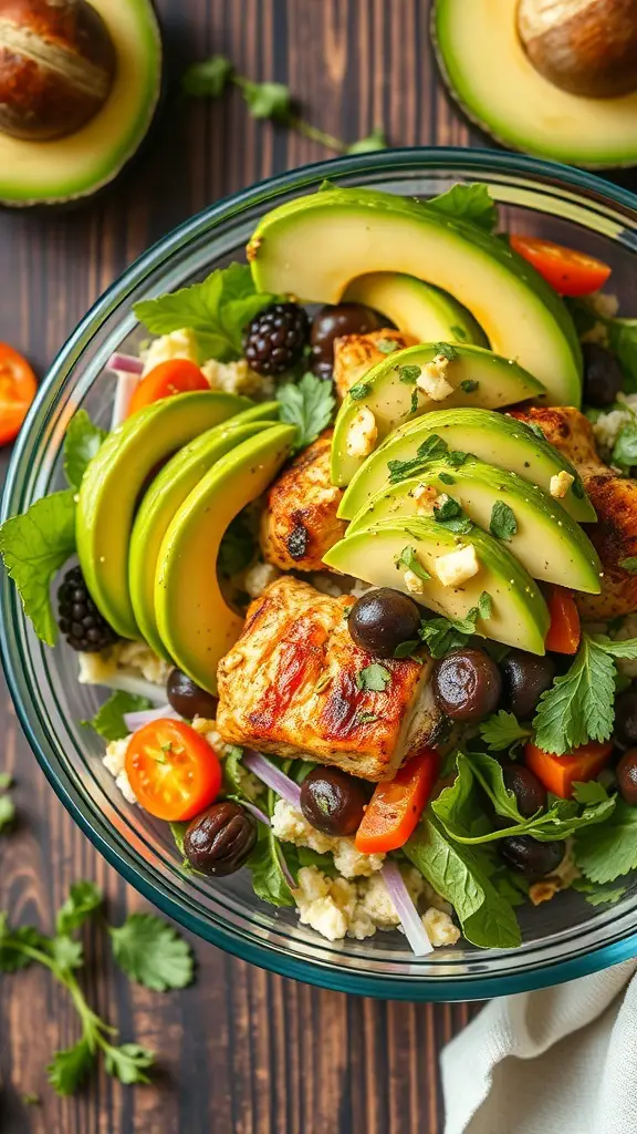 A colorful grilled chicken salad with avocado, cherry tomatoes, black olives, and fresh herbs in a glass bowl.