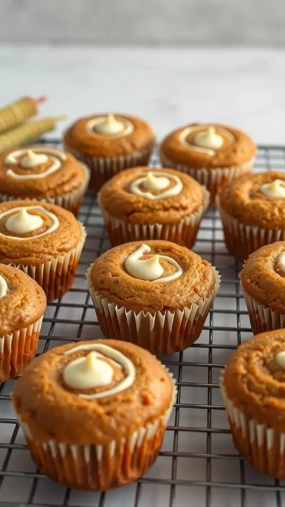 Freshly baked carrot cake muffins with cream cheese swirl on a cooling rack.