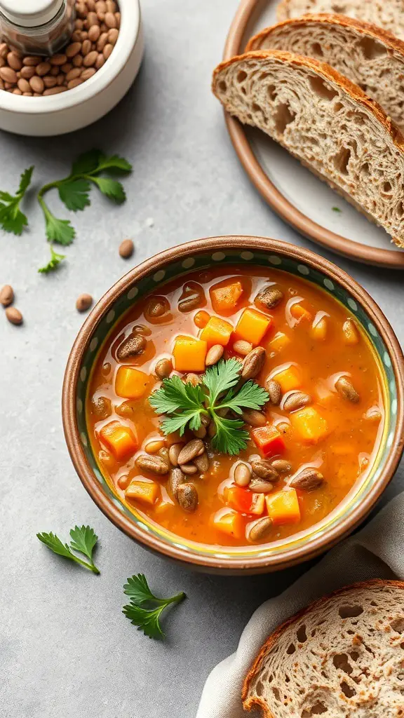 A bowl of Mediterranean Lentil Soup with diced bell peppers and fresh herbs, served with slices of bread.