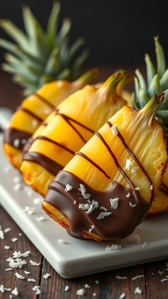 Chocolate dipped pineapple slices with coconut flakes