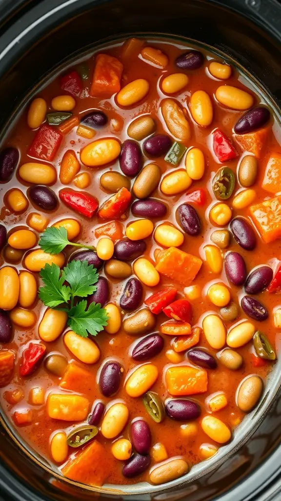 A close-up view of vegetarian chili loaded with various beans and colorful vegetables in a crockpot.