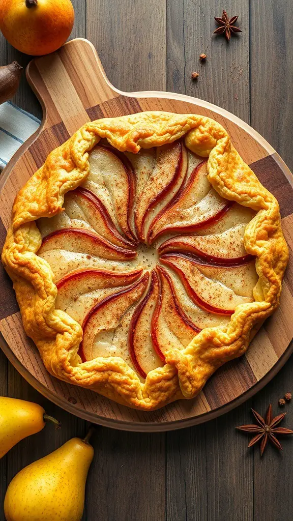 A spiced pear galette on a wooden cutting board, surrounded by fresh pears and star anise.