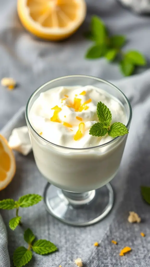 A glass of lemon cottage cheese fluff topped with lemon zest and mint leaves, with lemon halves in the background.