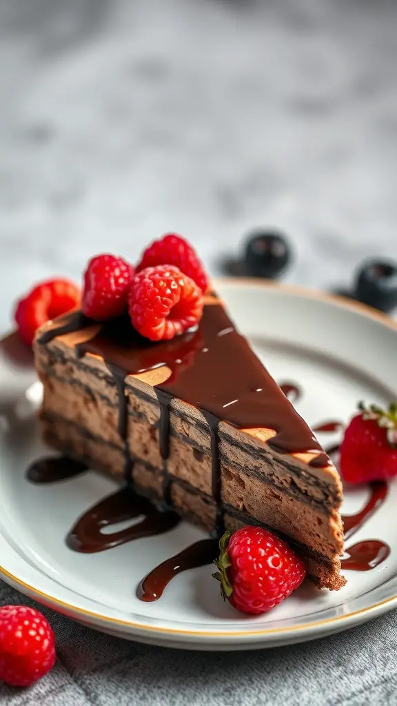 Slice of velvety chocolate cheesecake topped with chocolate drizzle and fresh raspberries on a plate.