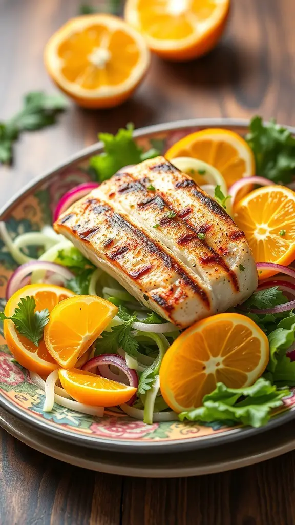 A colorful plate featuring grilled fish on a bed of fennel and orange salad, garnished with fresh herbs and orange slices.