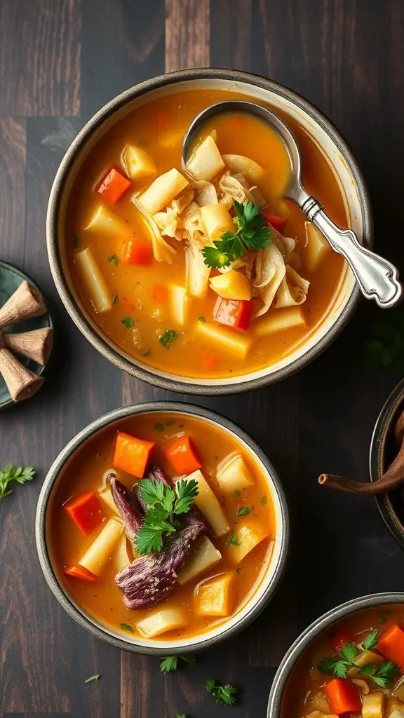 A bowl of colorful cabbage soup with vegetables