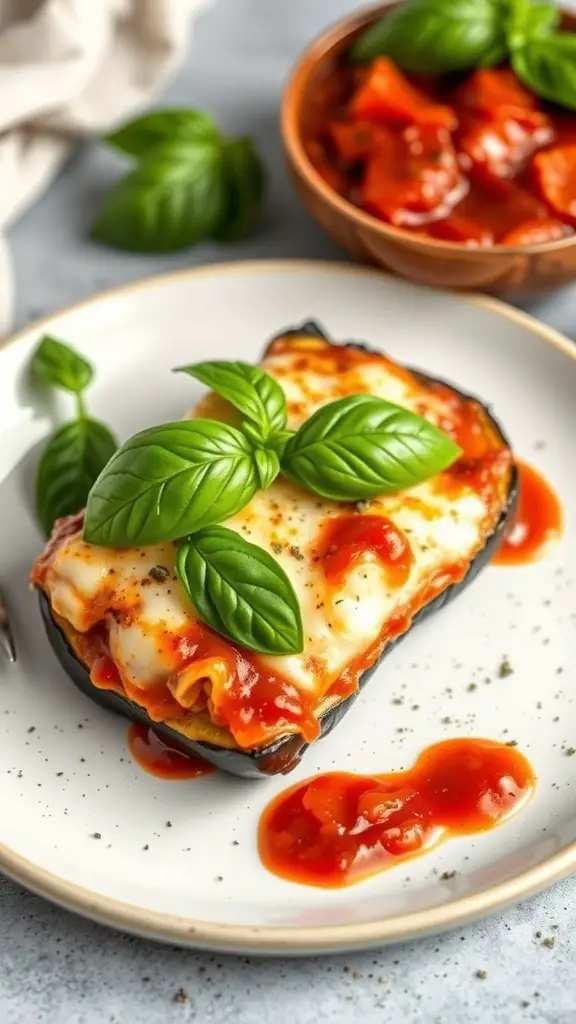 A plate of Eggplant Parmesan topped with fresh basil leaves, served with marinara sauce.
