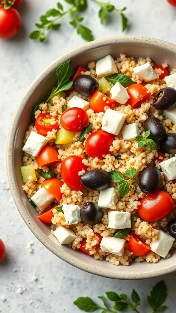 A bowl of Mediterranean quinoa salad with cherry tomatoes, cucumbers, olives, and feta cheese.