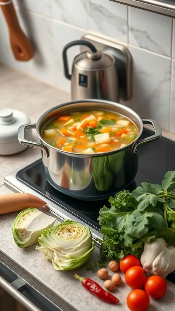 A pot of cabbage soup with fresh vegetables on a kitchen counter