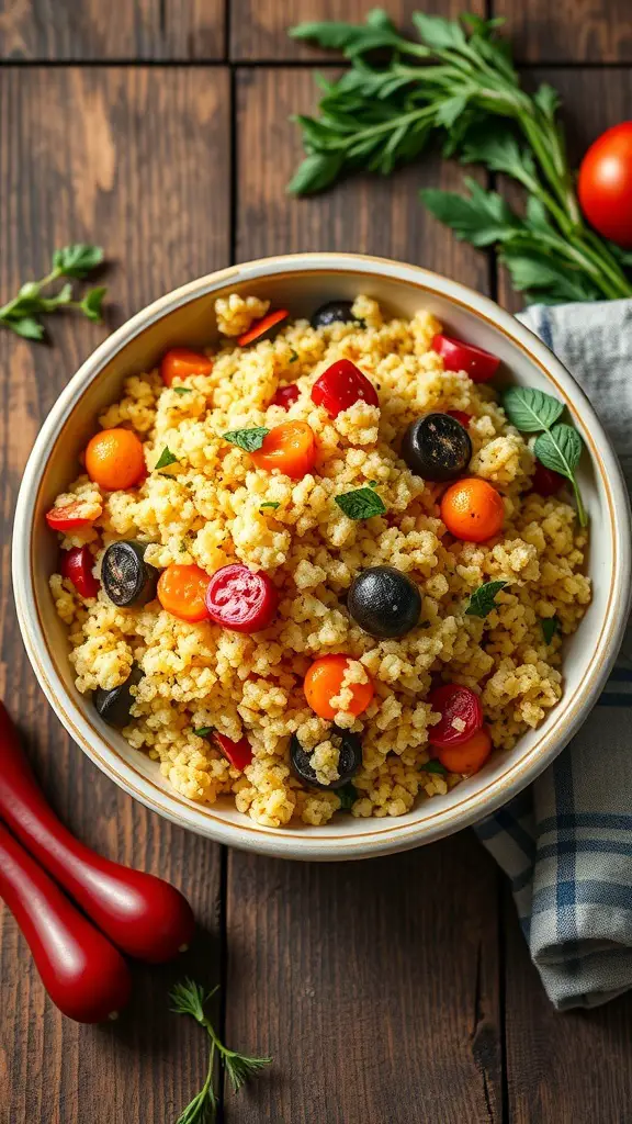A bowl of roasted vegetable couscous with colorful vegetables and herbs.