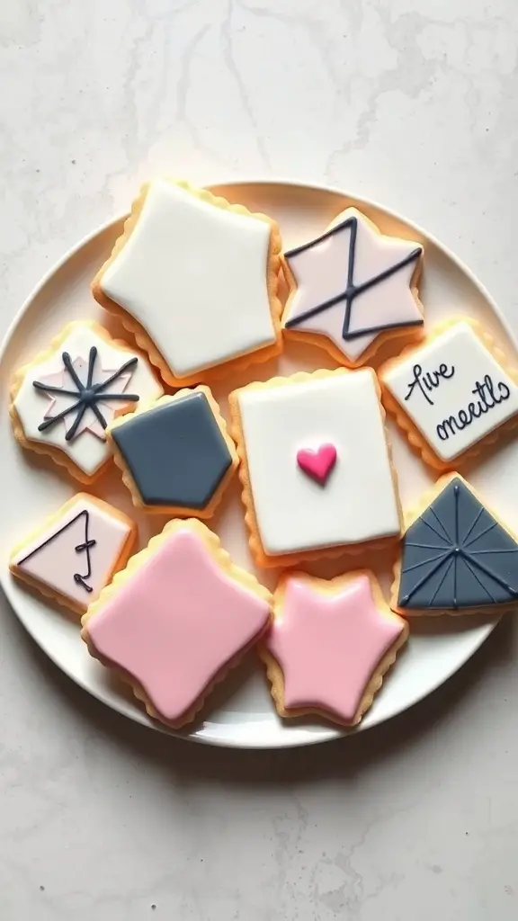 A plate of chic geometric shaped wedding sugar cookies in various colors and designs.