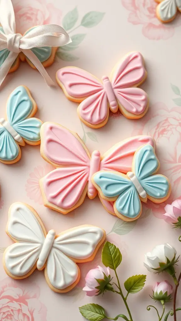 Decorated butterfly cookies in pastel colors on a floral background