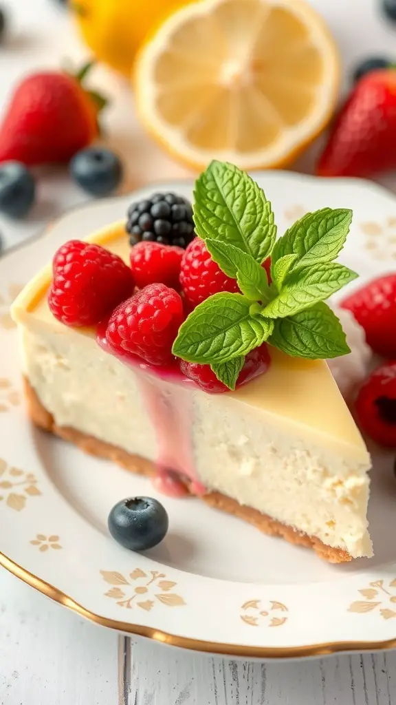 Slice of creamy lemon cheesecake topped with berries and mint on a decorative plate