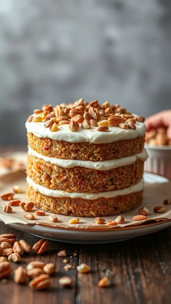 A three-layer Hummingbird Cake topped with cream cheese frosting and nuts
