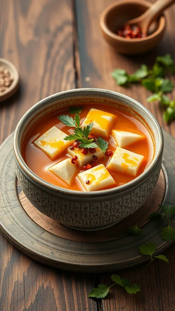 A bowl of Szechuan Peppercorn Tofu Soup with tofu cubes, red pepper flakes, and cilantro on top.