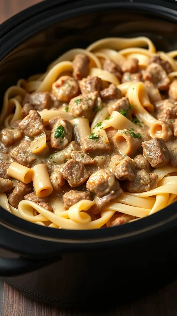 A close-up of crockpot cabbage and beef stroganoff with noodles.