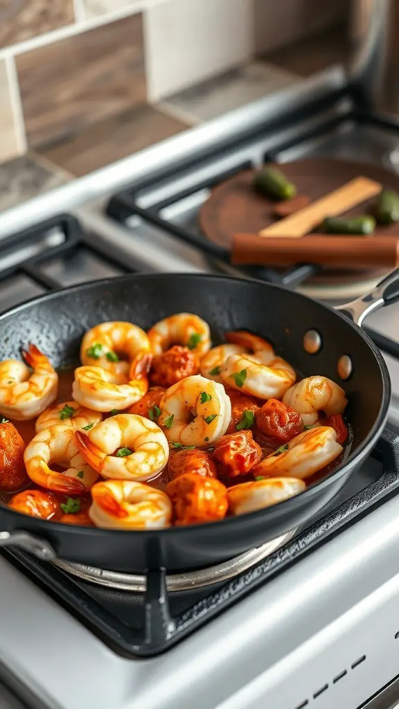A skillet filled with shrimp and chorizo cooking on a stovetop.