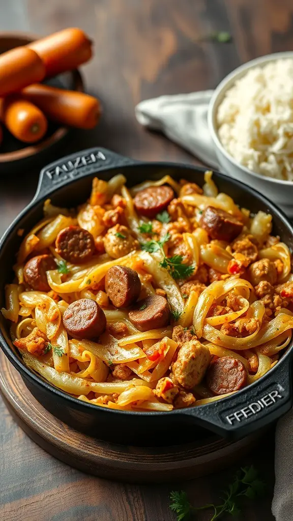 A skillet filled with spicy sausage and cabbage casserole, garnished with herbs, alongside a bowl of rice and fresh sausages.