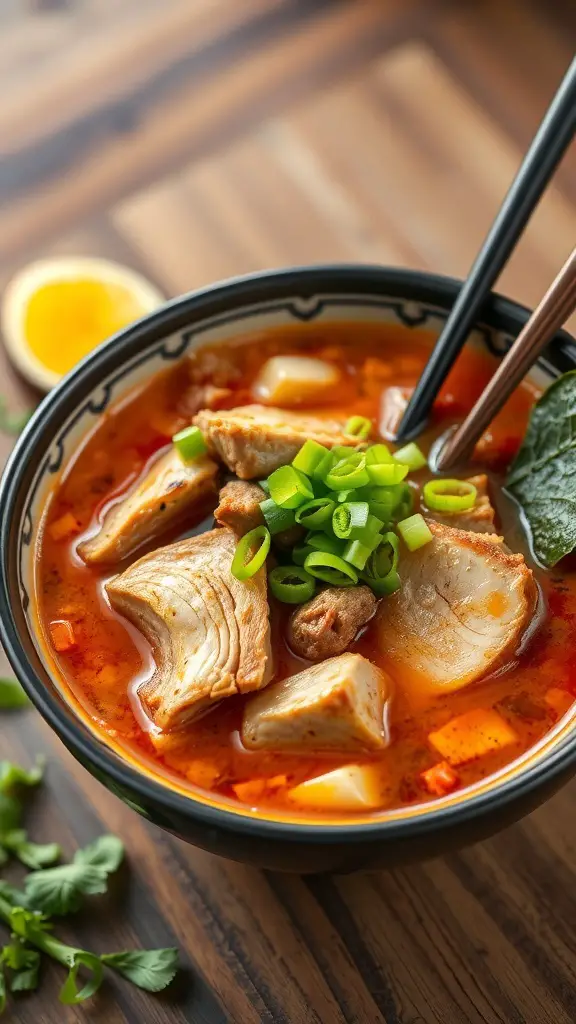A bowl of spicy pork ramen with bone broth, featuring chunks of pork, green onions, and a rich red broth.
