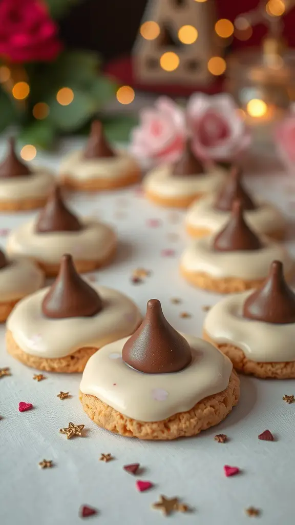 A close-up of Peanut Butter Blossom Cookies topped with chocolate kisses, surrounded by festive decorations.