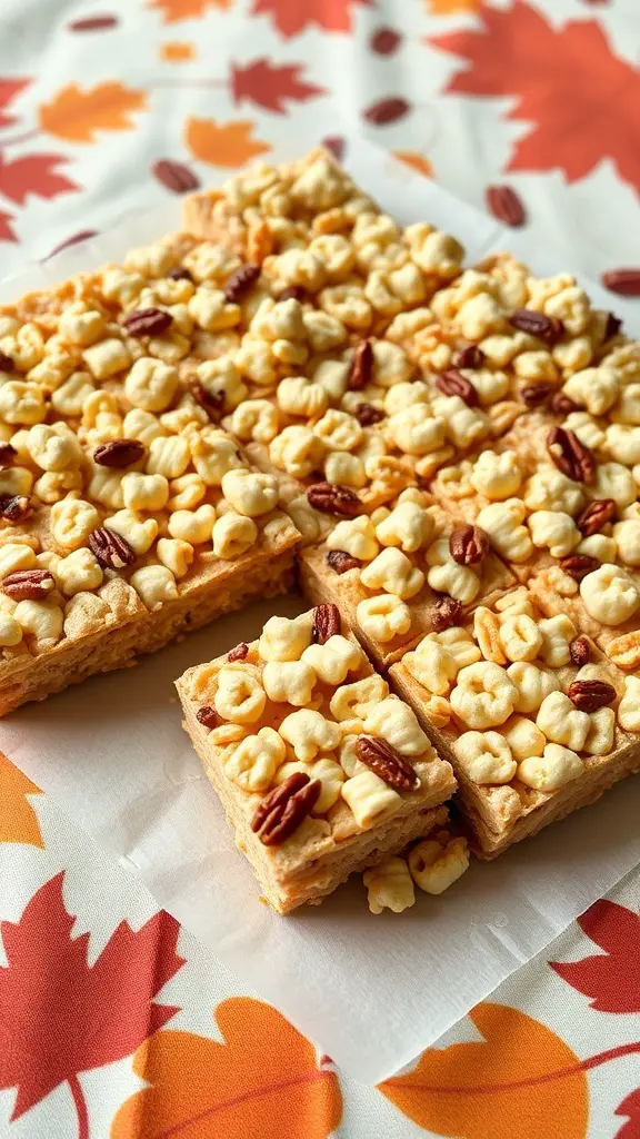 Maple Pecan Rice Crispy Treats on a festive autumn-themed tablecloth