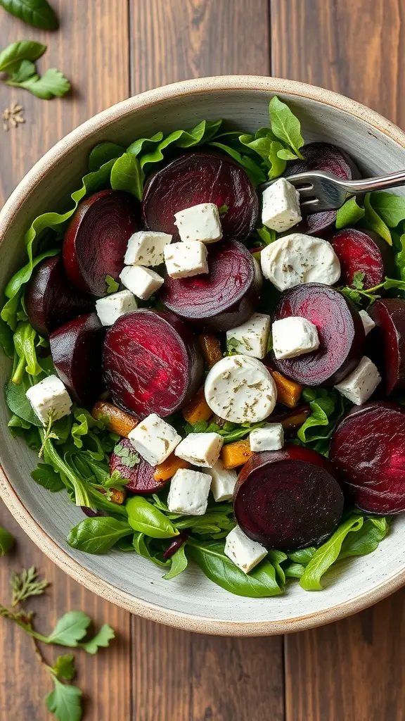 A bowl of roasted beet and goat cheese salad with greens and feta.