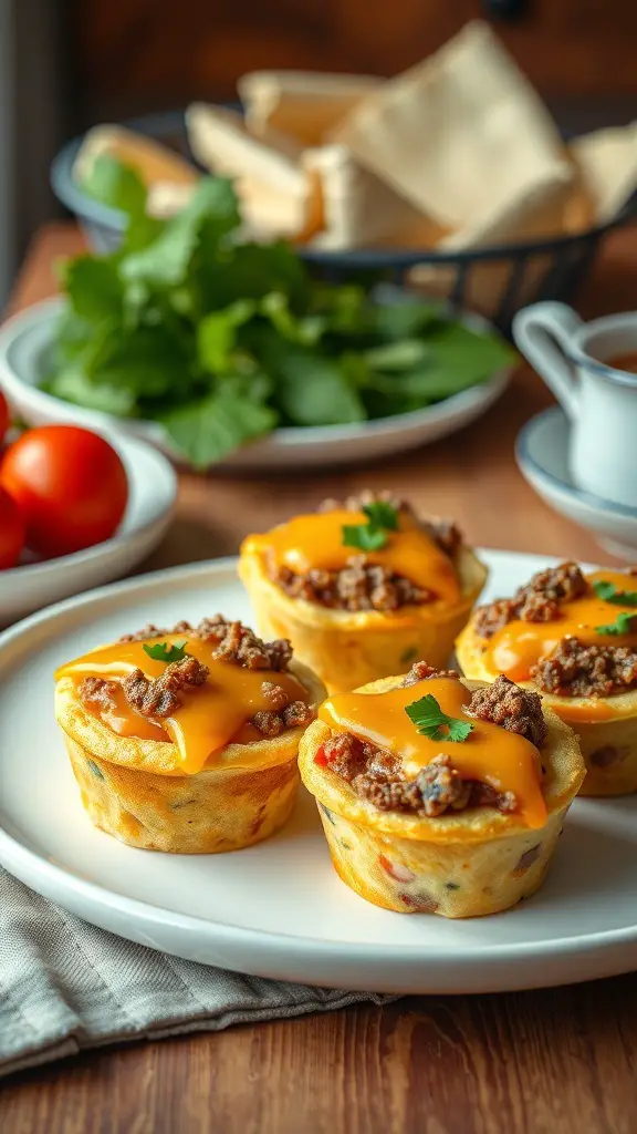 Egg muffins with ground beef topped with cheese on a plate