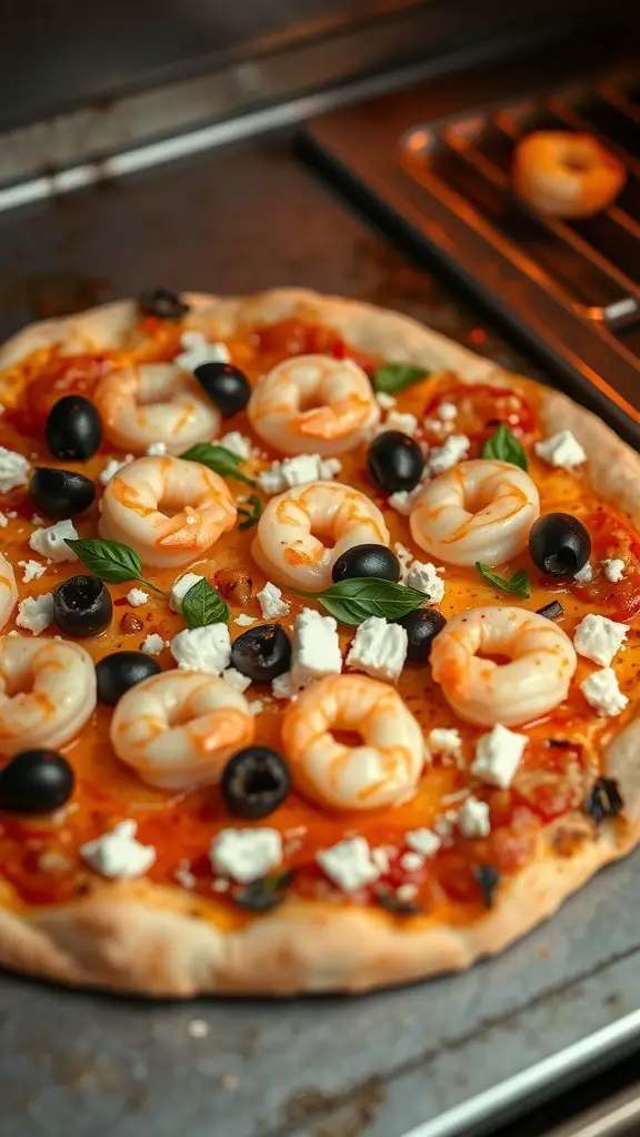 Mediterranean shrimp pizza with olives and feta cheese