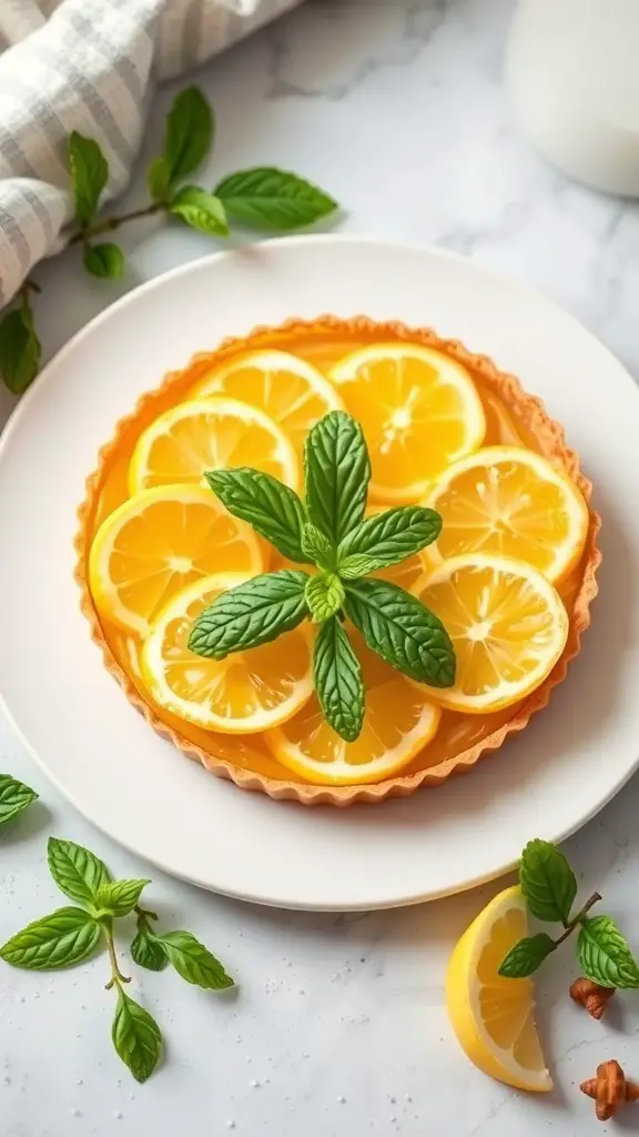 A no-bake lemon tart topped with lemon slices and mint leaves on a white plate.