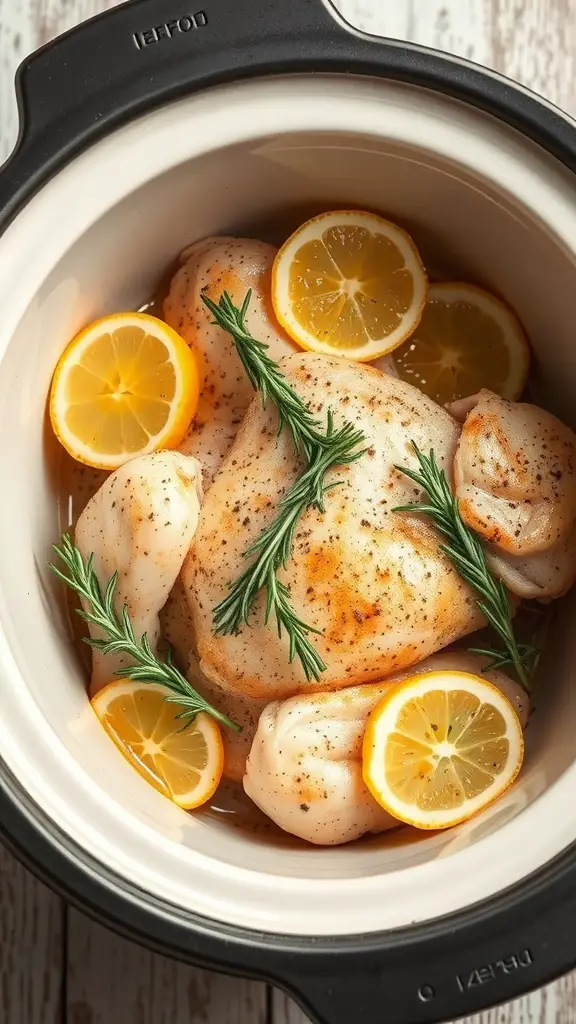 Crock pot with chicken breasts, lemon slices, and rosemary