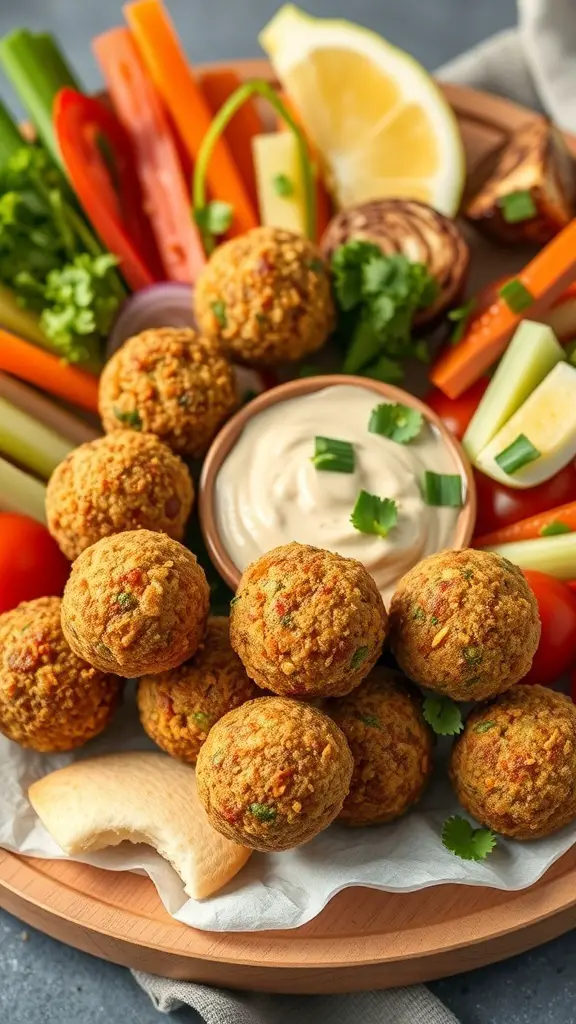 A platter of crispy falafel balls with fresh vegetables and tahini sauce.