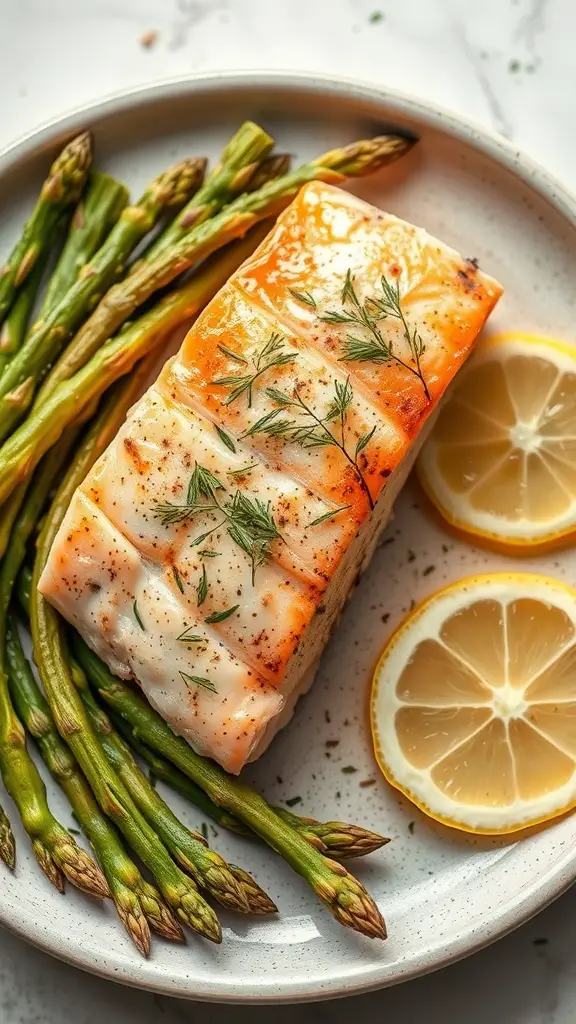 Baked salmon with asparagus and lemon slices on a plate