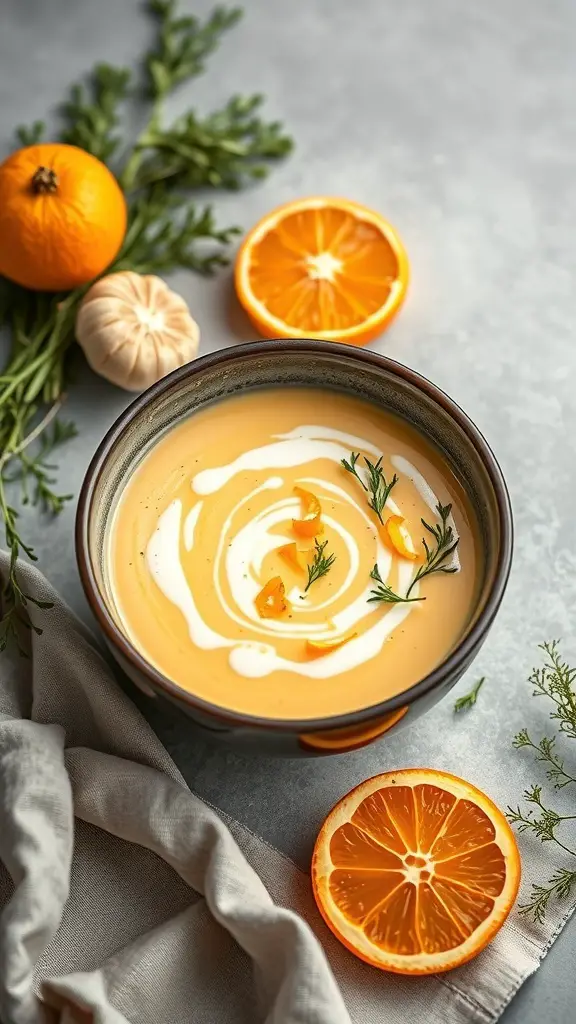 A bowl of creamy fennel and orange soup garnished with cream and herbs, surrounded by fresh oranges and garlic.