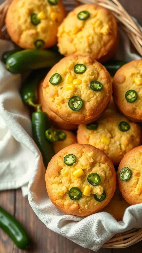 A basket of cornbread muffins with jalapeños, showcasing their golden color and green jalapeño slices on top.