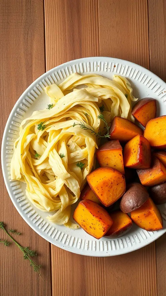 A plate of baked cabbage with sweet potatoes, showcasing vibrant colors and a hearty presentation.