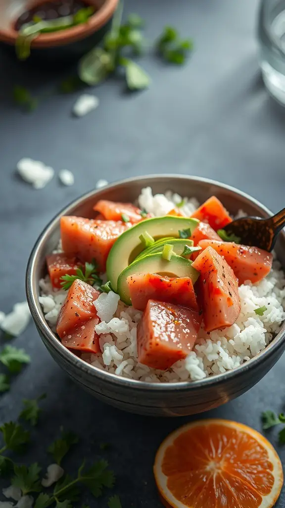 A delicious Spicy Tuna Poke Bowl with rice, spicy tuna, cucumber slices, and fresh herbs.