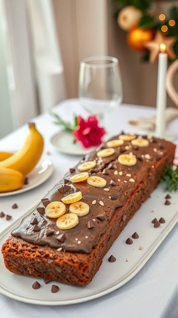 A loaf of chocolate banana bread topped with banana slices and chocolate chips, surrounded by bananas and a flower, set on a table.