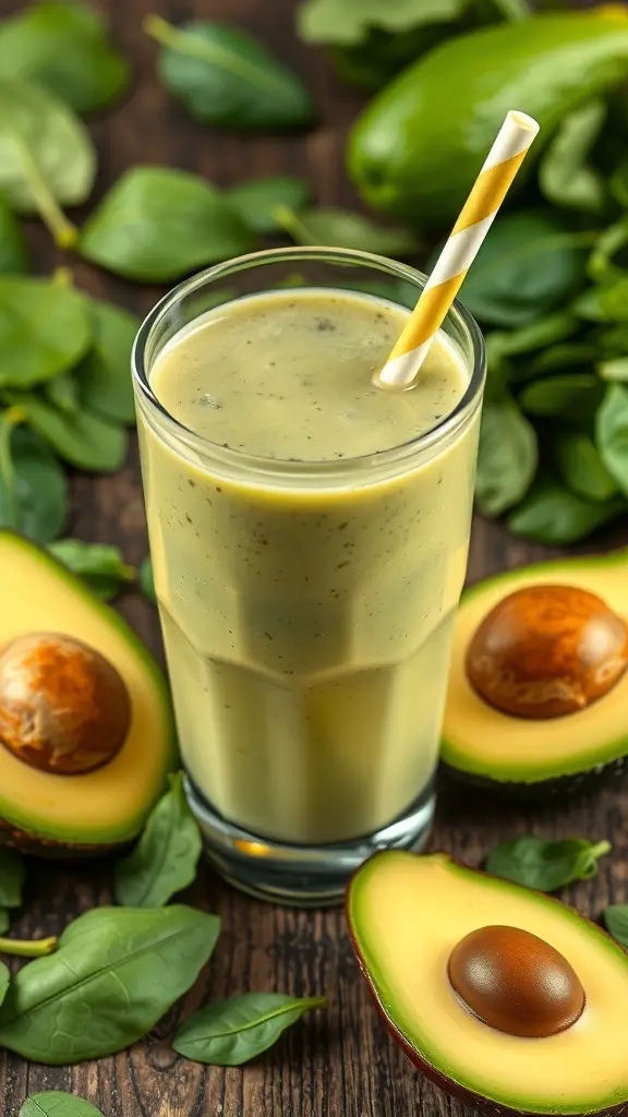 A creamy avocado spinach smoothie in a glass with a yellow striped straw, surrounded by fresh spinach and avocado halves.