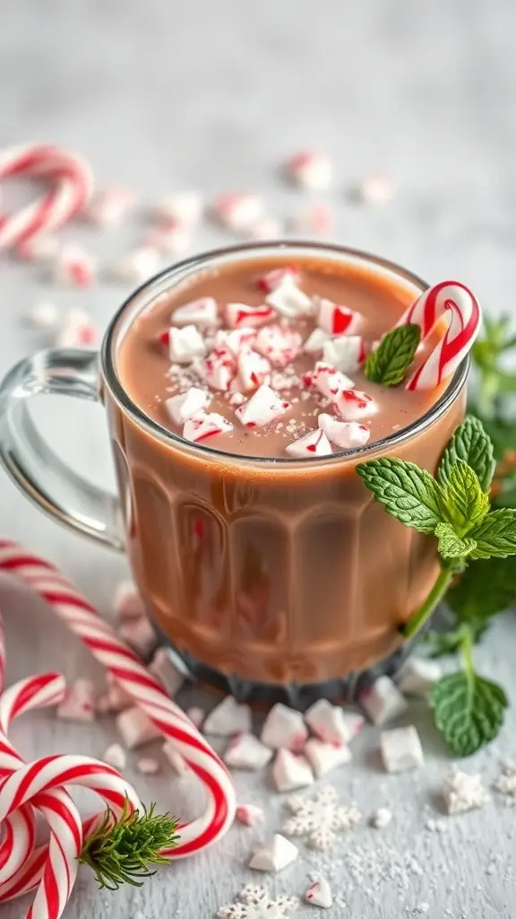 A mug of Minty Peppermint Hot Chocolate topped with crushed peppermint and a candy cane, surrounded by festive decorations.