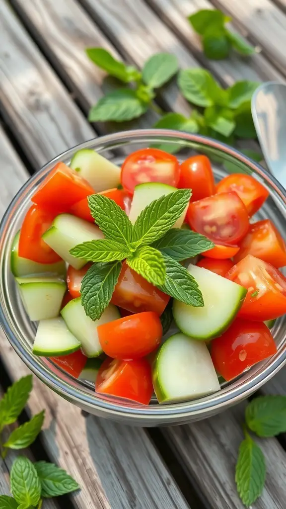 A bowl of cucumber and tomato salad garnished with fresh mint leaves