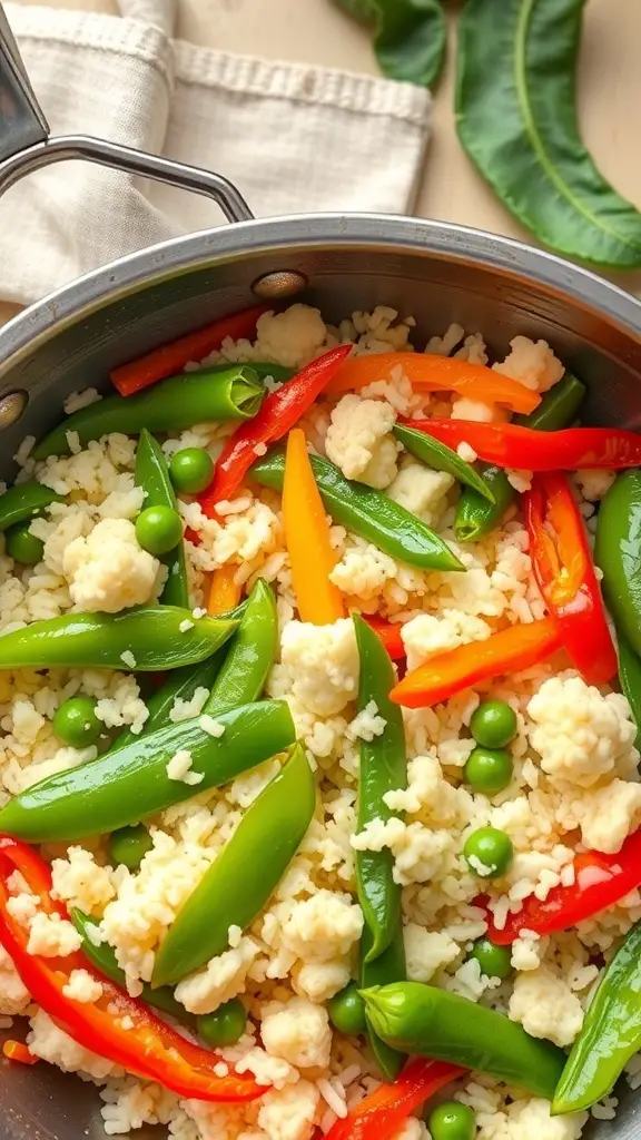 A pan of colorful cauliflower rice stir-fry with bell peppers and snap peas.