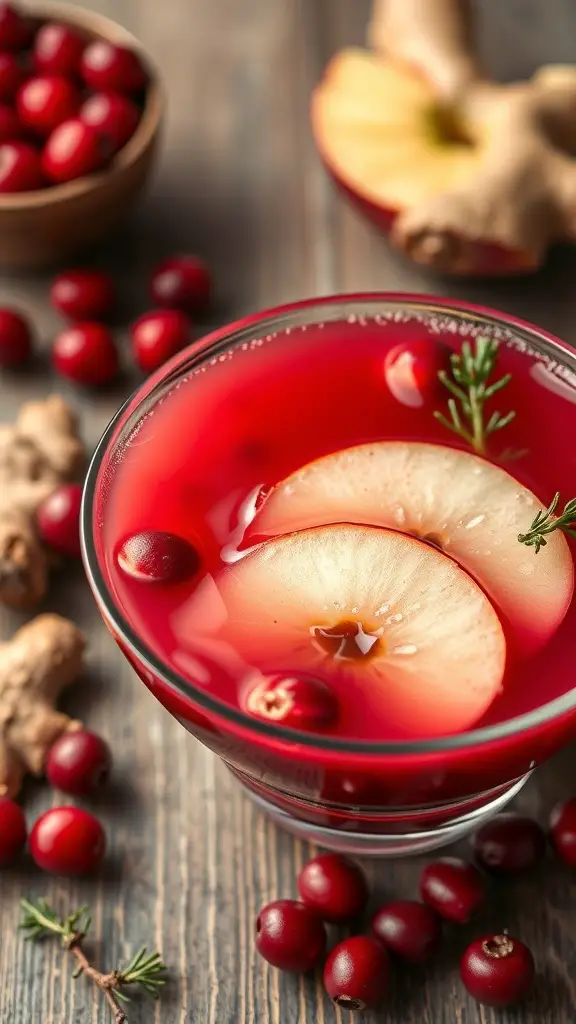 A vibrant bowl of Cran-Apple Ginger Punch with slices of apple and cranberries