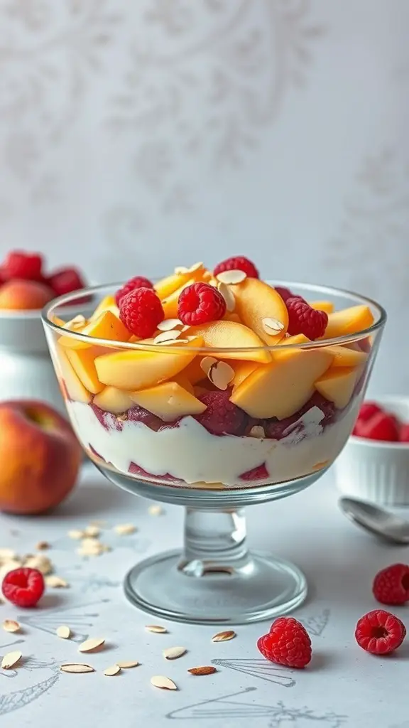 A delicious Peach Melba Trifle with layers of peaches, raspberries, and almonds in a glass bowl.