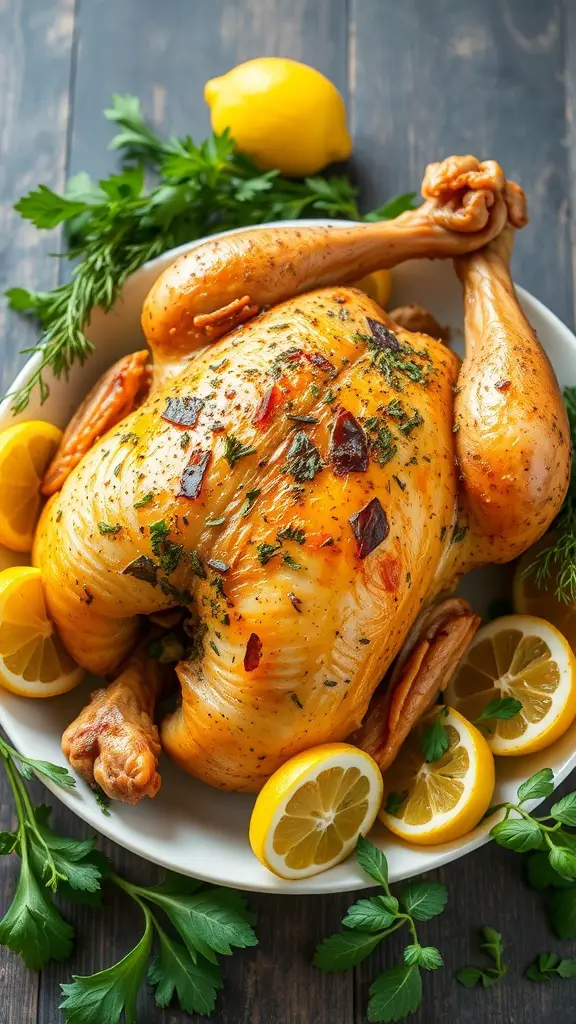 Herb-crusted roast chicken with lemon, garnished with fresh herbs and lemon slices.
