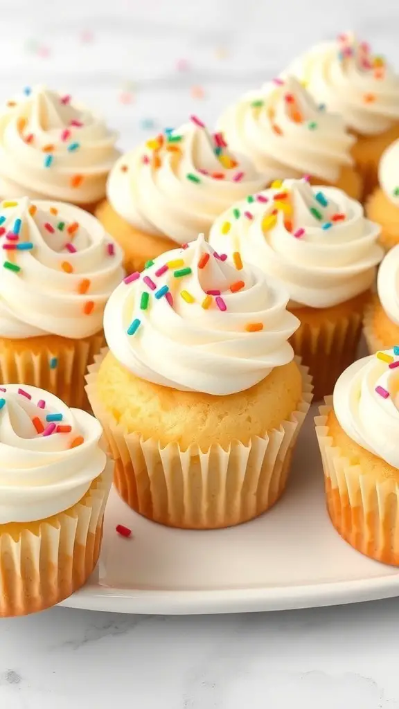 A plate of classic vanilla bean cupcakes with white frosting and colorful sprinkles.