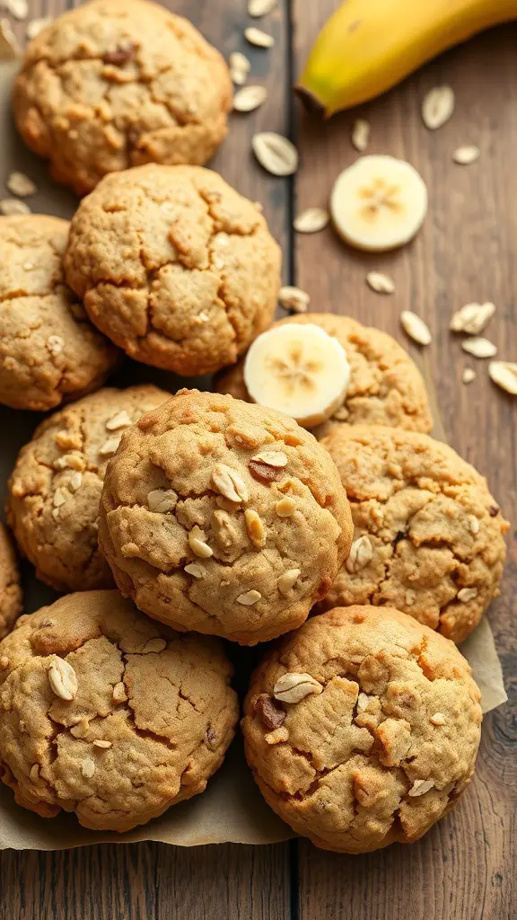 A pile of banana oatmeal cookies with a banana and oats on a wooden surface.