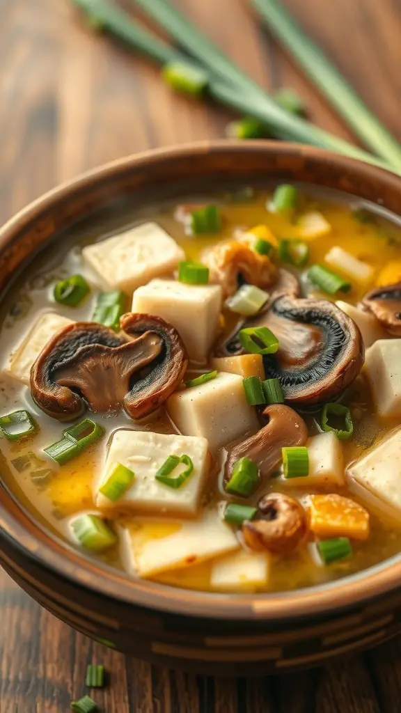 A bowl of savory mushroom and tofu soup with green onions on top.